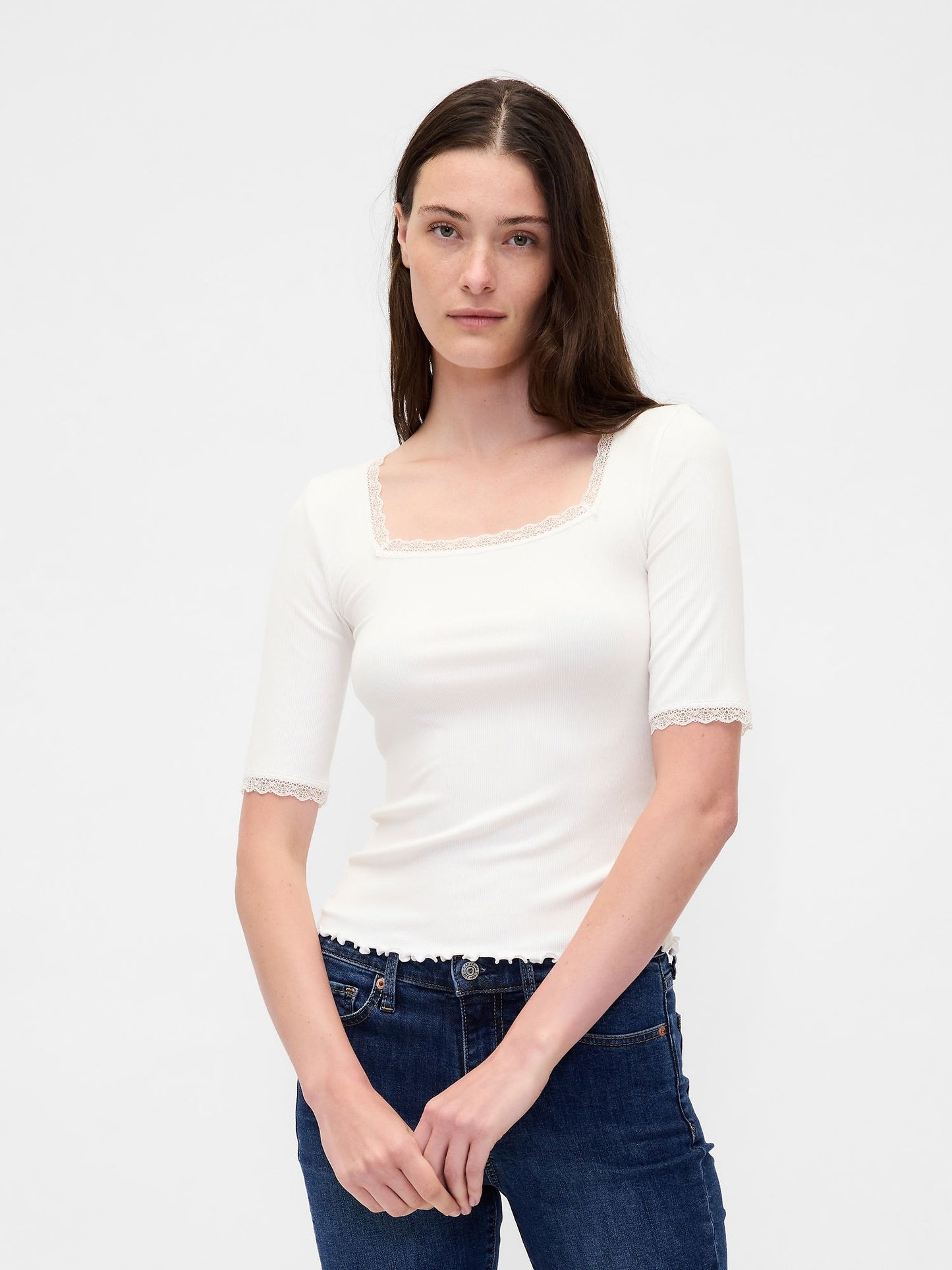 Beyaz Modal Fitilli Dantel Kenar Detaylı Square-neck T-shirt