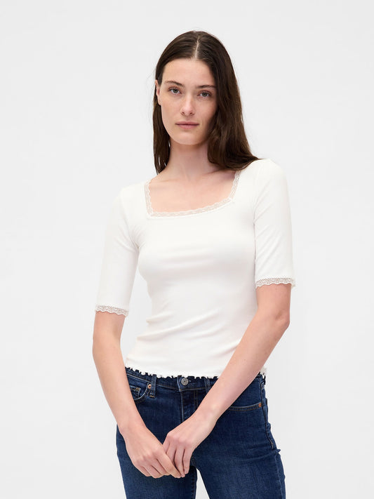 Beyaz Modal Fitilli Dantel Kenar Detaylı Square-neck T-shirt