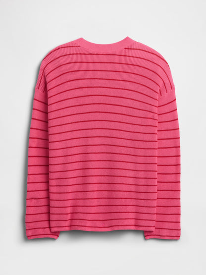 Pembe Oversized Çizgili Shaker Örgü Kazak