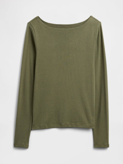 Yeşil Modern Boatneck Yakalı T-shirt