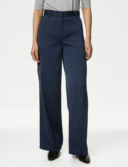Wide Leg Saten Kargo Pantolon