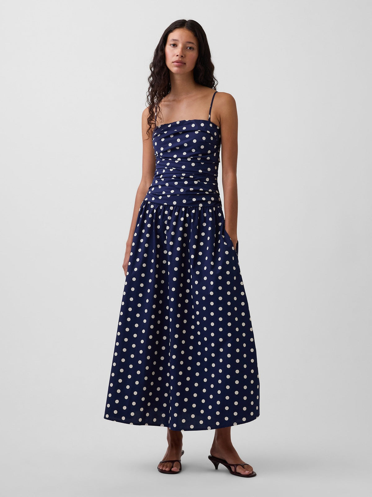 Lacivert Poplin Drop-waist Maxi Elbise