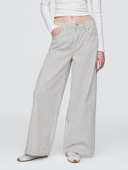 Kırık Beyaz Mid Rise Denim Çizgili Baggy Jean Pantolon
