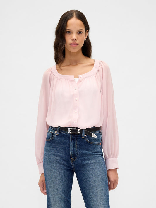 Açık Pembe Sheer Button-front Transparan Gömlek