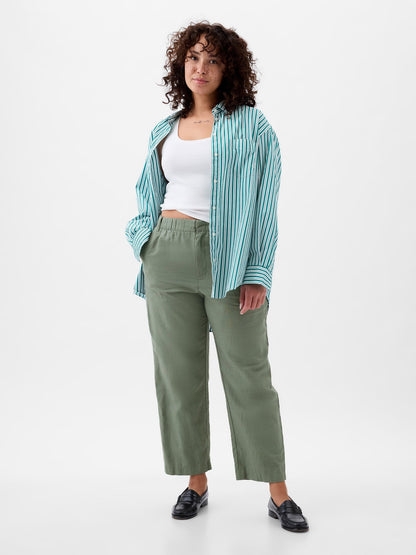 Haki High Rise Keten Karışımlı Pull-on Pantolon