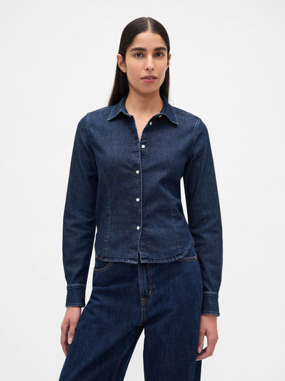 Koyu Mavi Denim Fitted Crop Gömlek