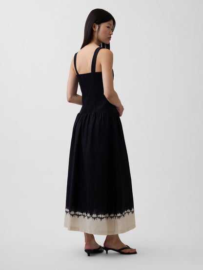 Siyah Keten Karışımı Drop-waist Korse Maxi Elbise