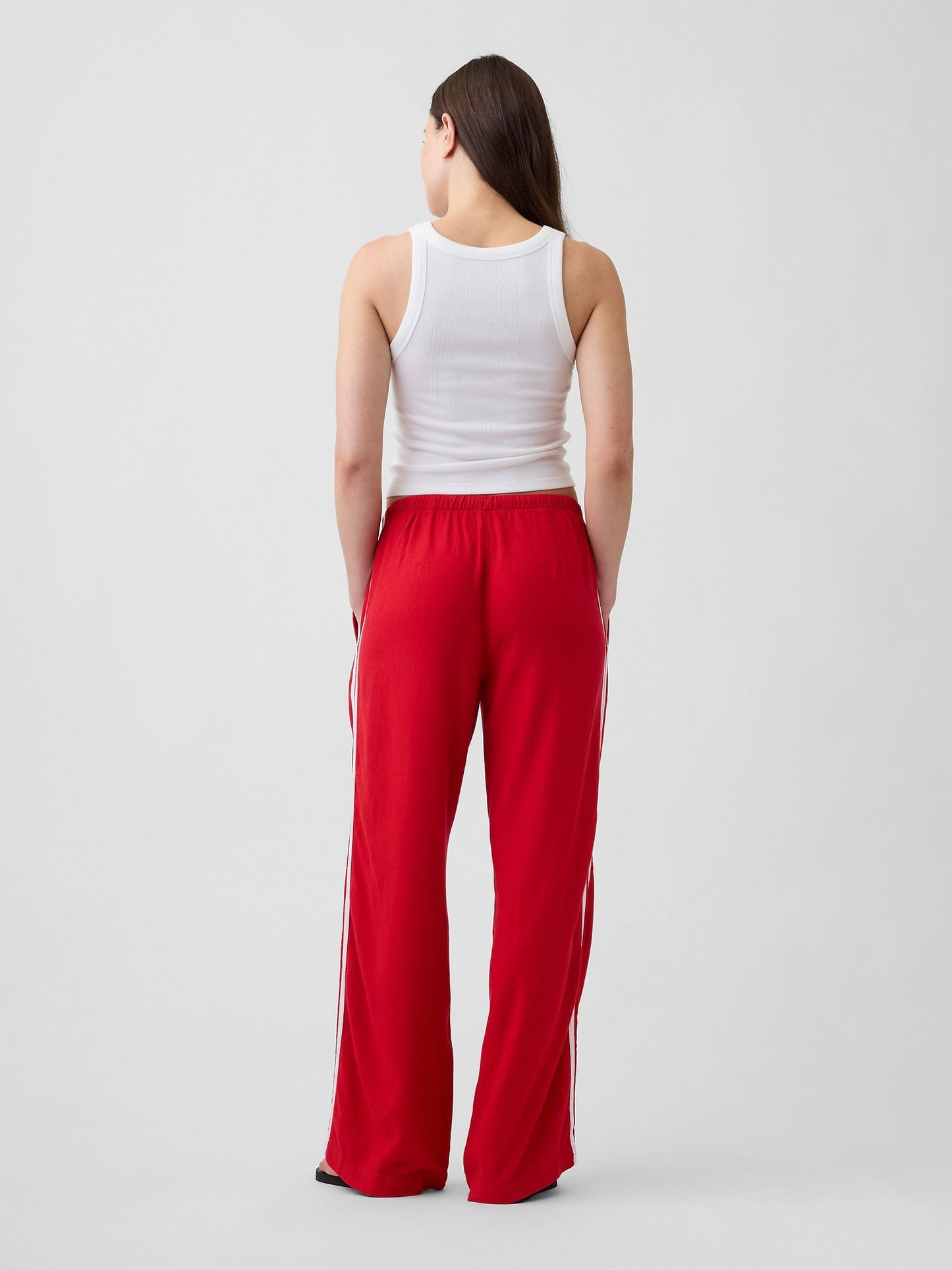 Kırmızı Keten Karışımlı Çizgili Wide-leg Pantolon
