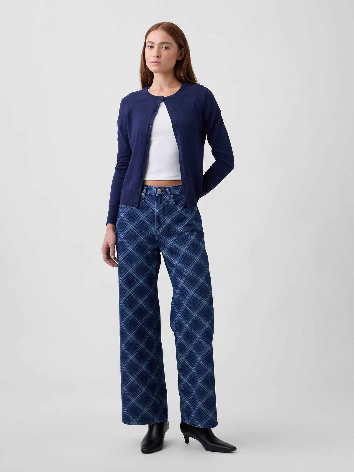 Koyu Mavi High Rise Baskılı Wide-leg Jean Pantolon