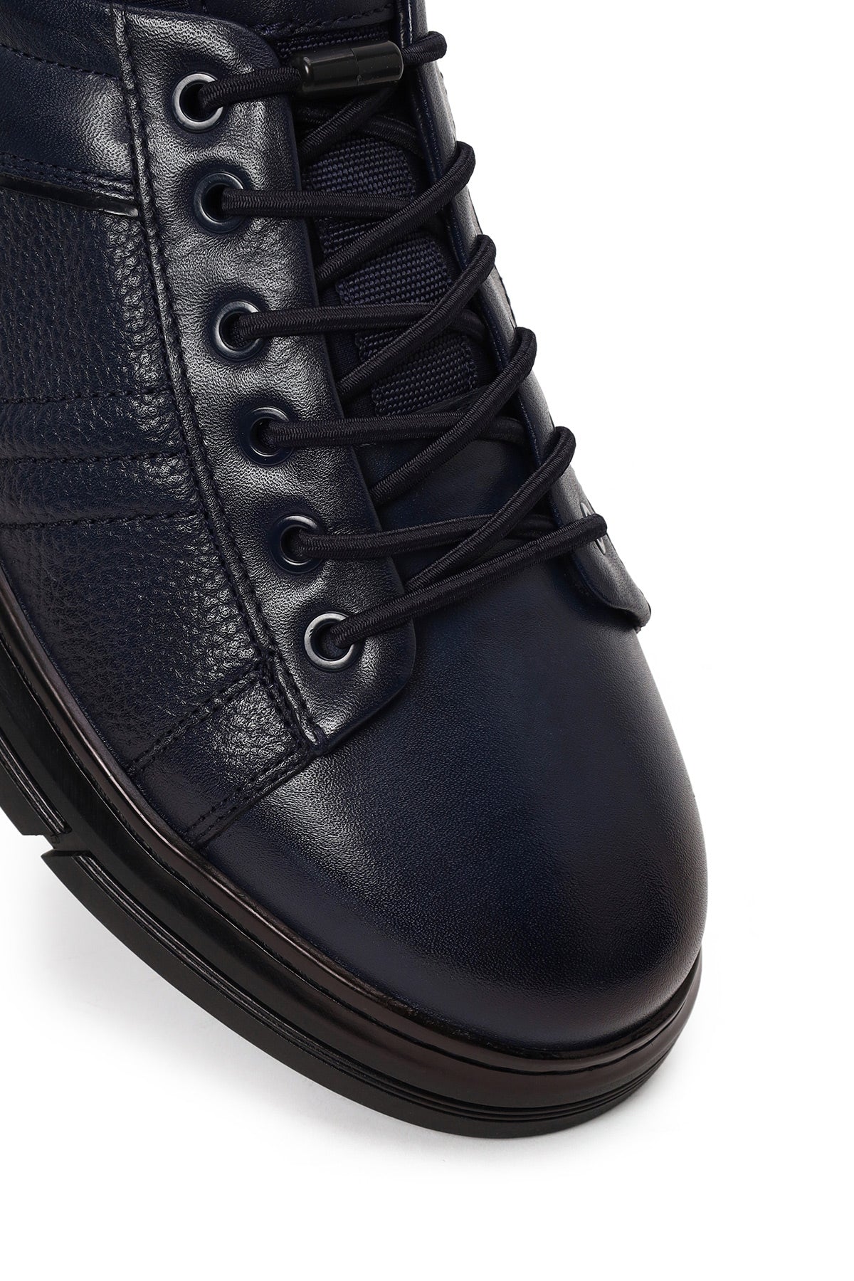 Erkek Lacivert Bağcıklı Deri Sneaker