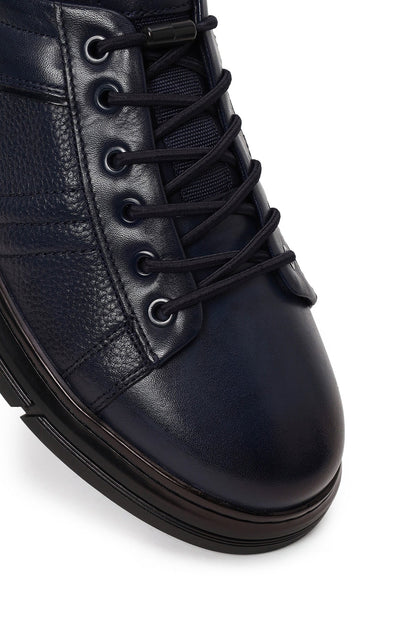 Erkek Lacivert Bağcıklı Deri Sneaker