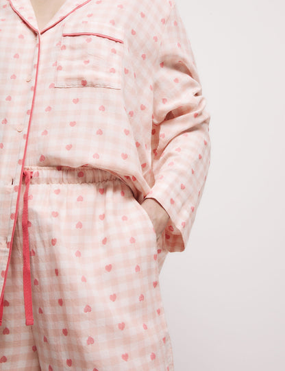 Pamuklu Kareli Kalp Desenli Pijama Şortu