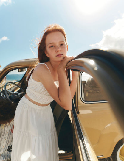 %100 Pamuklu Büzgülü Bardot Crop Üst (6–16 Yaş)