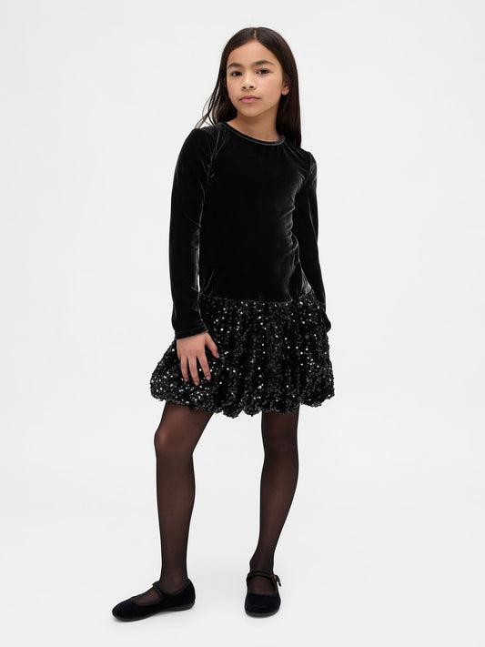 Siyah Mixed Media Sequin Balon Elbise