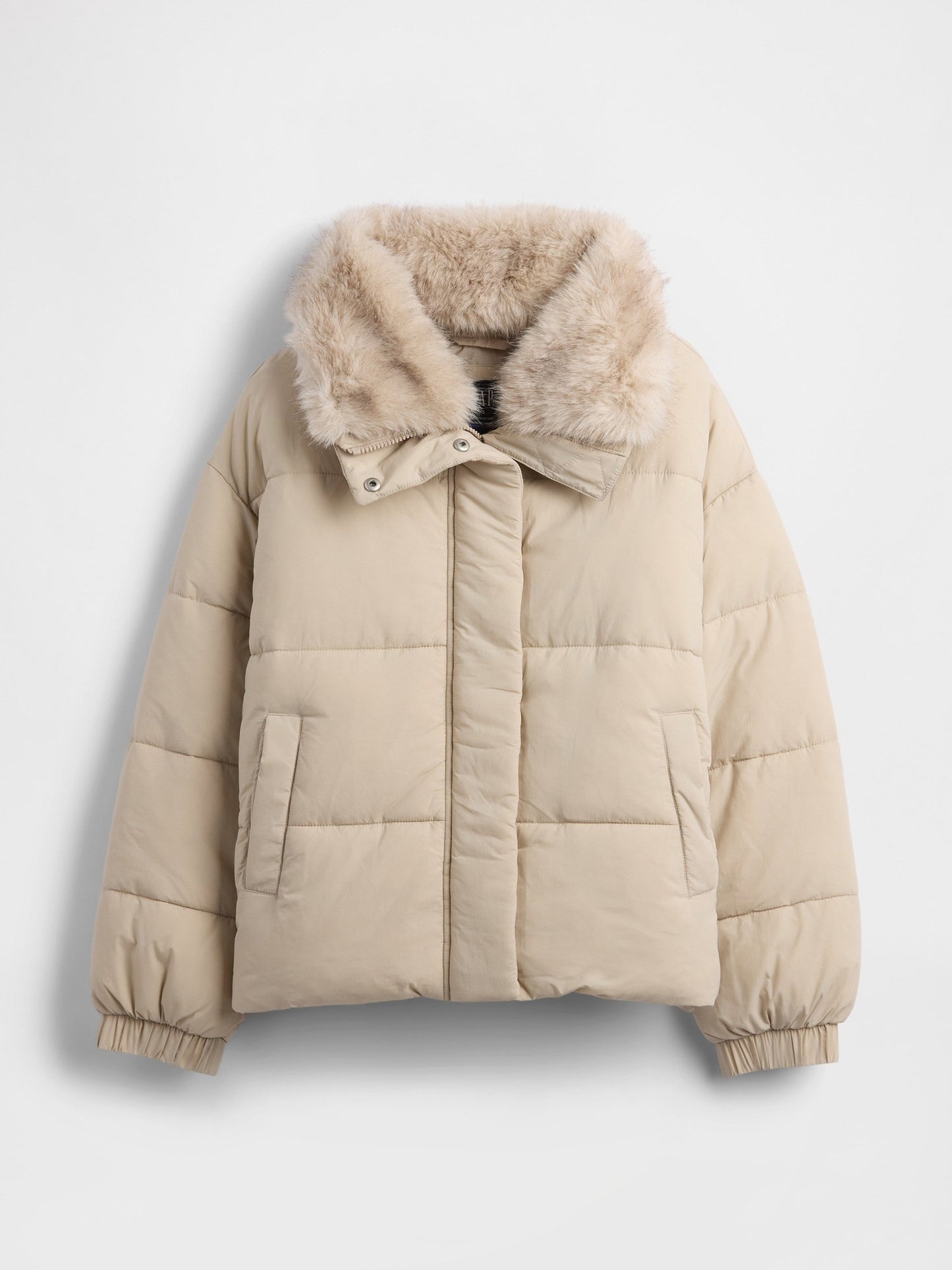 Bej Faux Fur-trim Puffer Şişme Mont