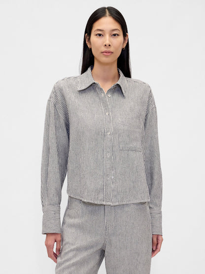 Kırık Beyaz Keten Karışımı Oversized Gömlek