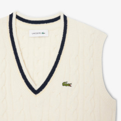 Lacoste Kadın Classic Fit V Yaka Krem Süveter