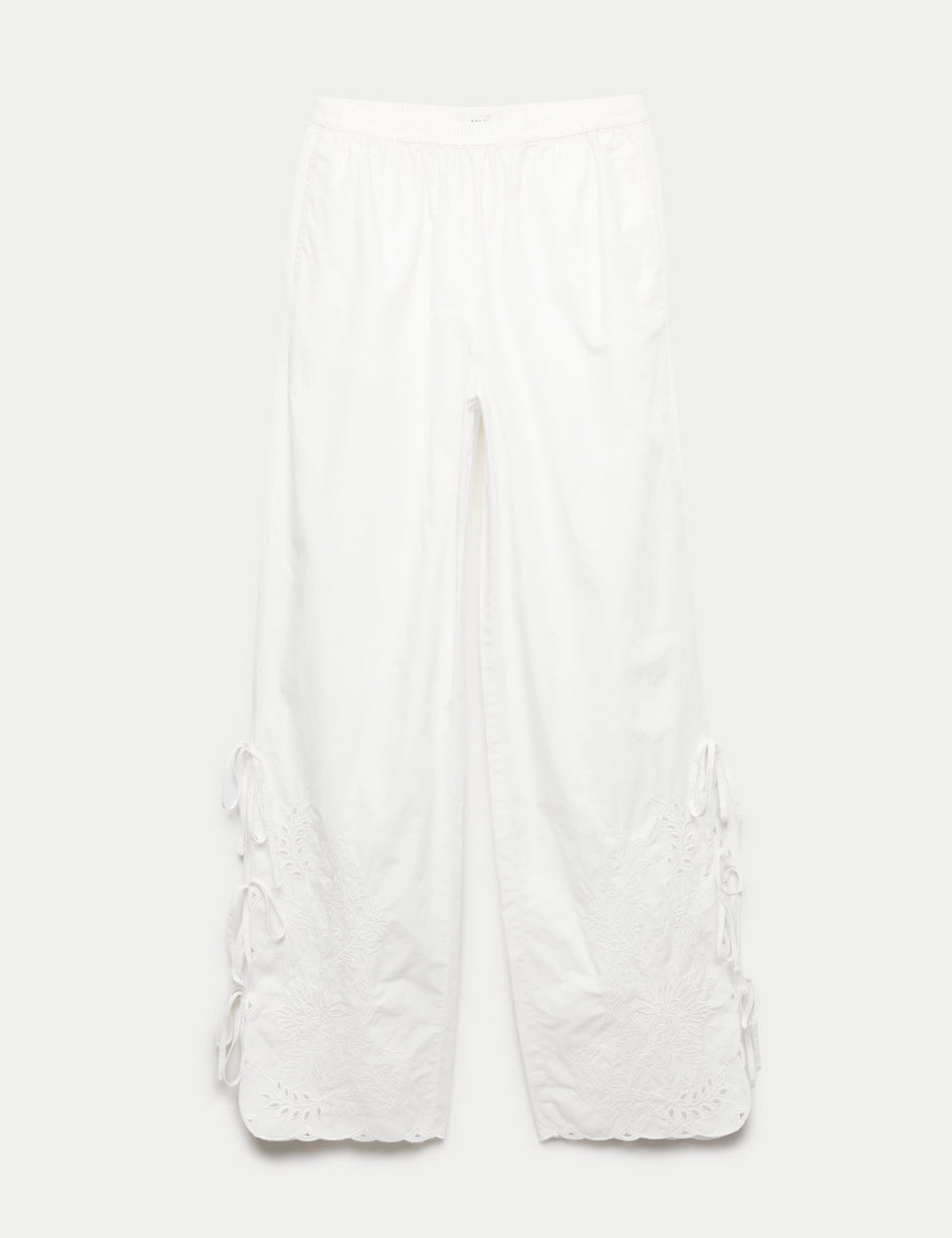 Saf Pamuklu Nakışlı Bağlama Detaylı Wide Leg Pantolon
