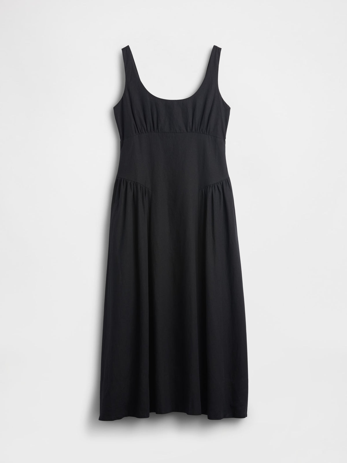 Siyah Keten Karışımı Shirred Maxi Elbise