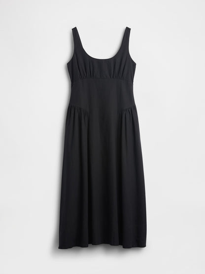 Siyah Keten Karışımı Shirred Maxi Elbise