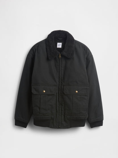 Siyah Sherpa-astarlı Kanvas Bomber Ceket