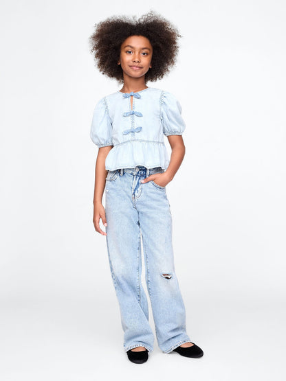 Açık Mavi Denim Fırfırlı Peplum Bluz