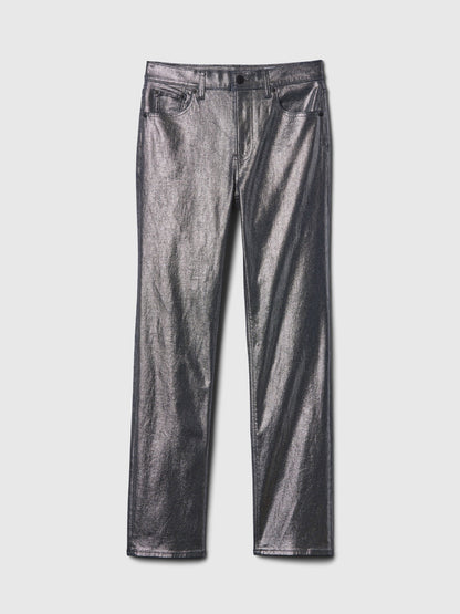 Gri High Rise Metalik '90s Straight Jean Pantolon