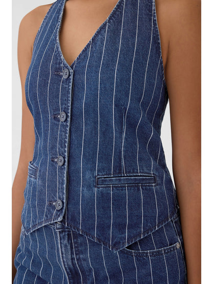 Koyu Mavi Halter Yaka Denim Yelek