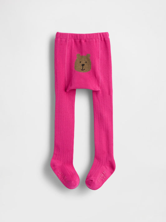 Pembe Fitilli Bear Baskılı Külotlu Çorap