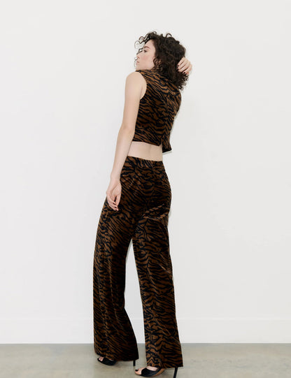 Kadife Leopar Desenli Wide Leg Pantolon