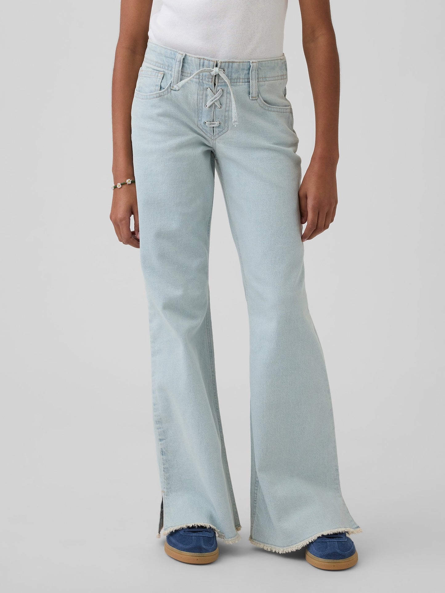 Açık Mavi Low Rise Lace-up Relaxed Flare Jean Pantolon