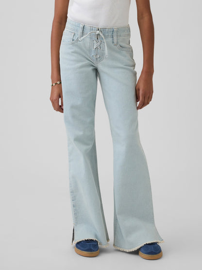 Açık Mavi Low Rise Lace-up Relaxed Flare Jean Pantolon