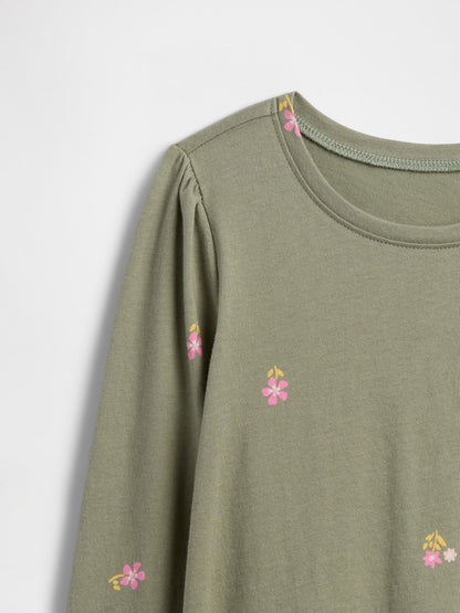 Haki Puff Sleeve Bisiklet Yaka T-shirt