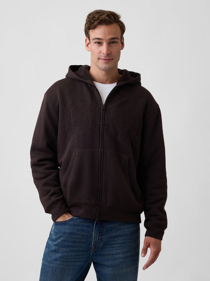 Kahverengi Relaxed Gap Logo Sherpa Astarlı Fermuarlı Sweatshirt