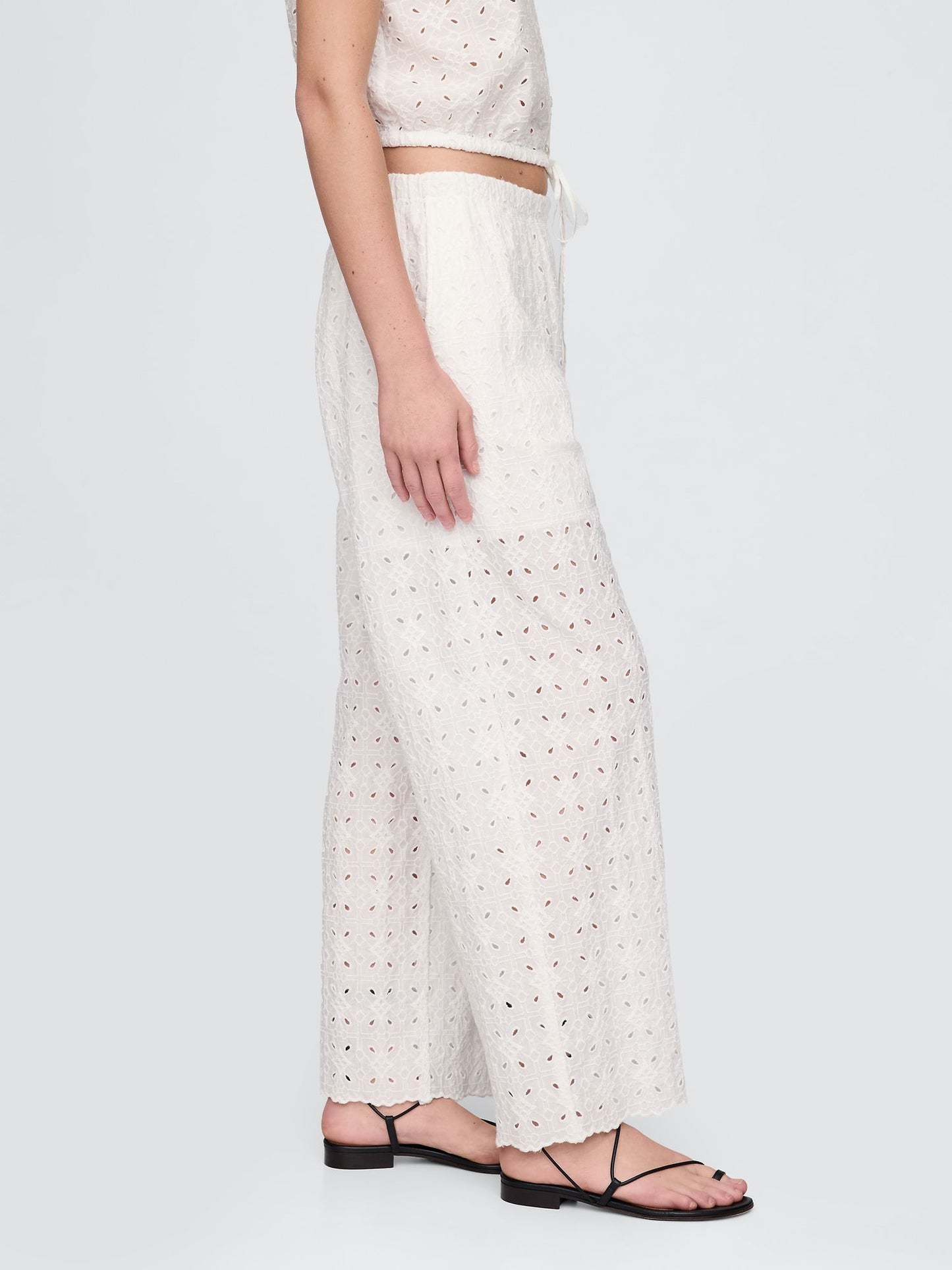 Beyaz Mid Rise Eyelet Kolay Wide-leg Pantolon