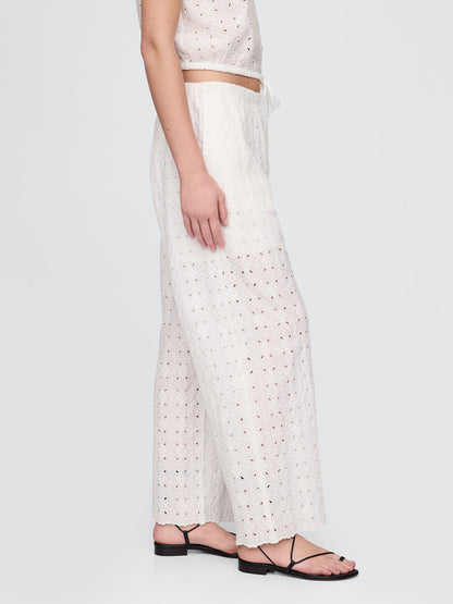 Beyaz Mid Rise Eyelet Kolay Wide-leg Pantolon