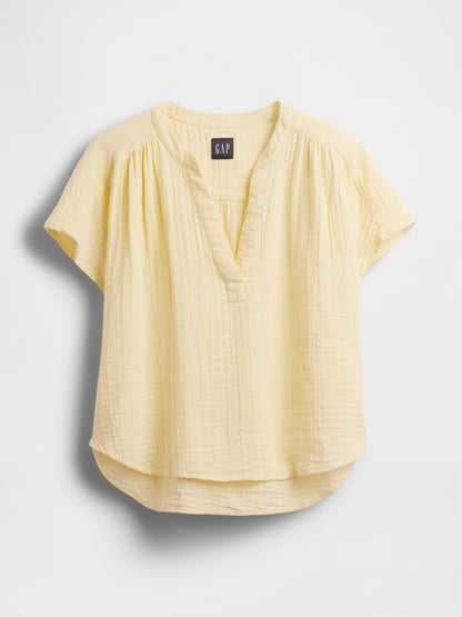 Sarı Pamuk Gauze Oversized Split-neck Üst