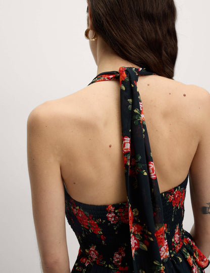 Çiçek Desenli Halter Yaka Katmanlı Maxi Elbise