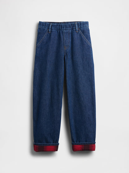 Koyu Mavi Stranger Things Flannel-lined Carpenter Baggy Jean Pantolon