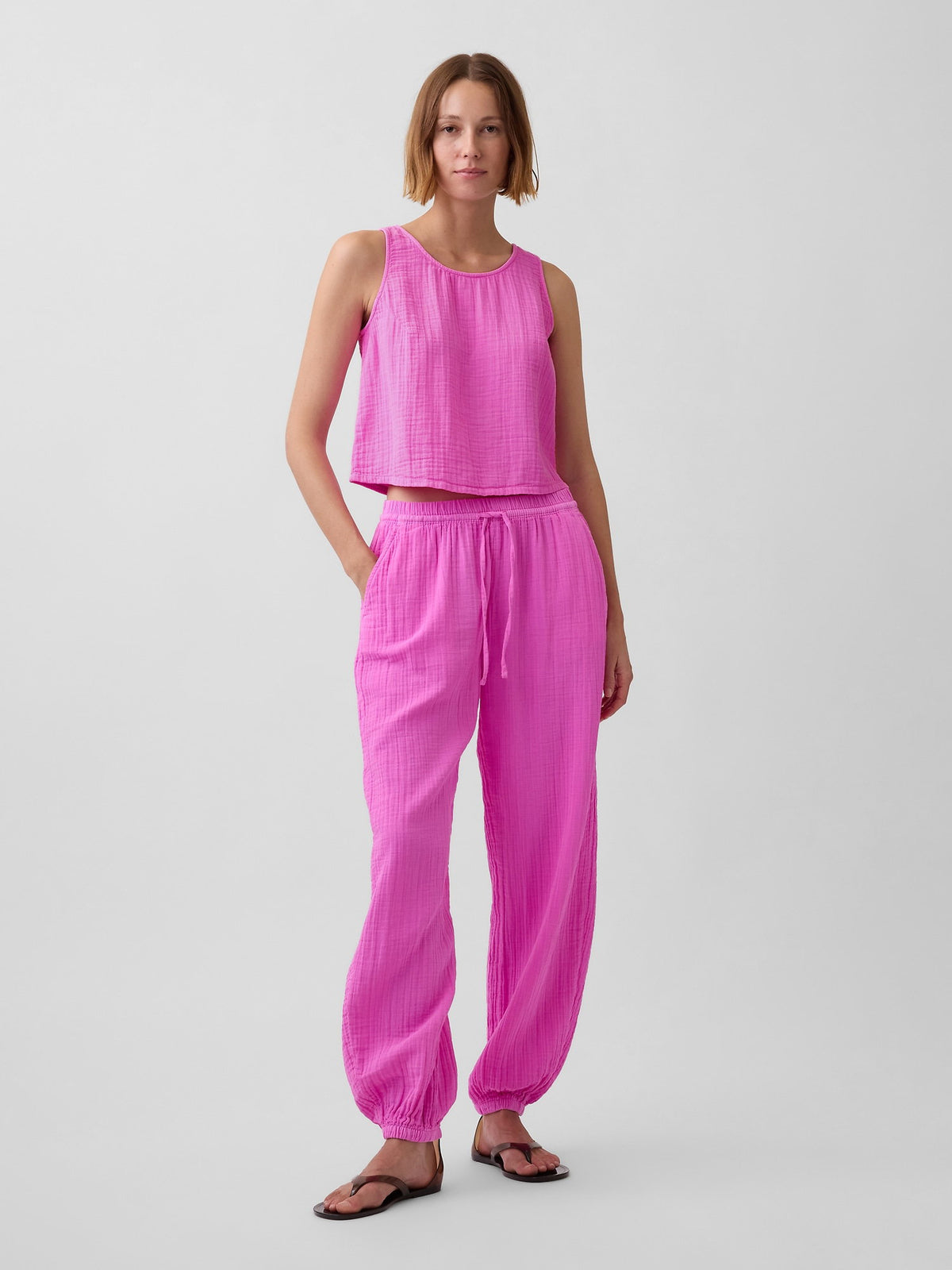 Pembe Pamuk Gauze Barrel Jogger Pantolon