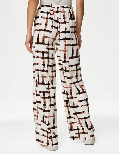Yüksek Bel Desenli Wide Leg Pantolon