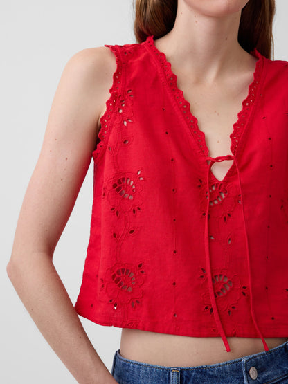 Beyaz Keten Karışımlı Işlemeli Crop Shell Askılı Bluz