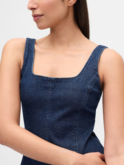 Lacivert Denim Kare Yaka Maxi Elbise