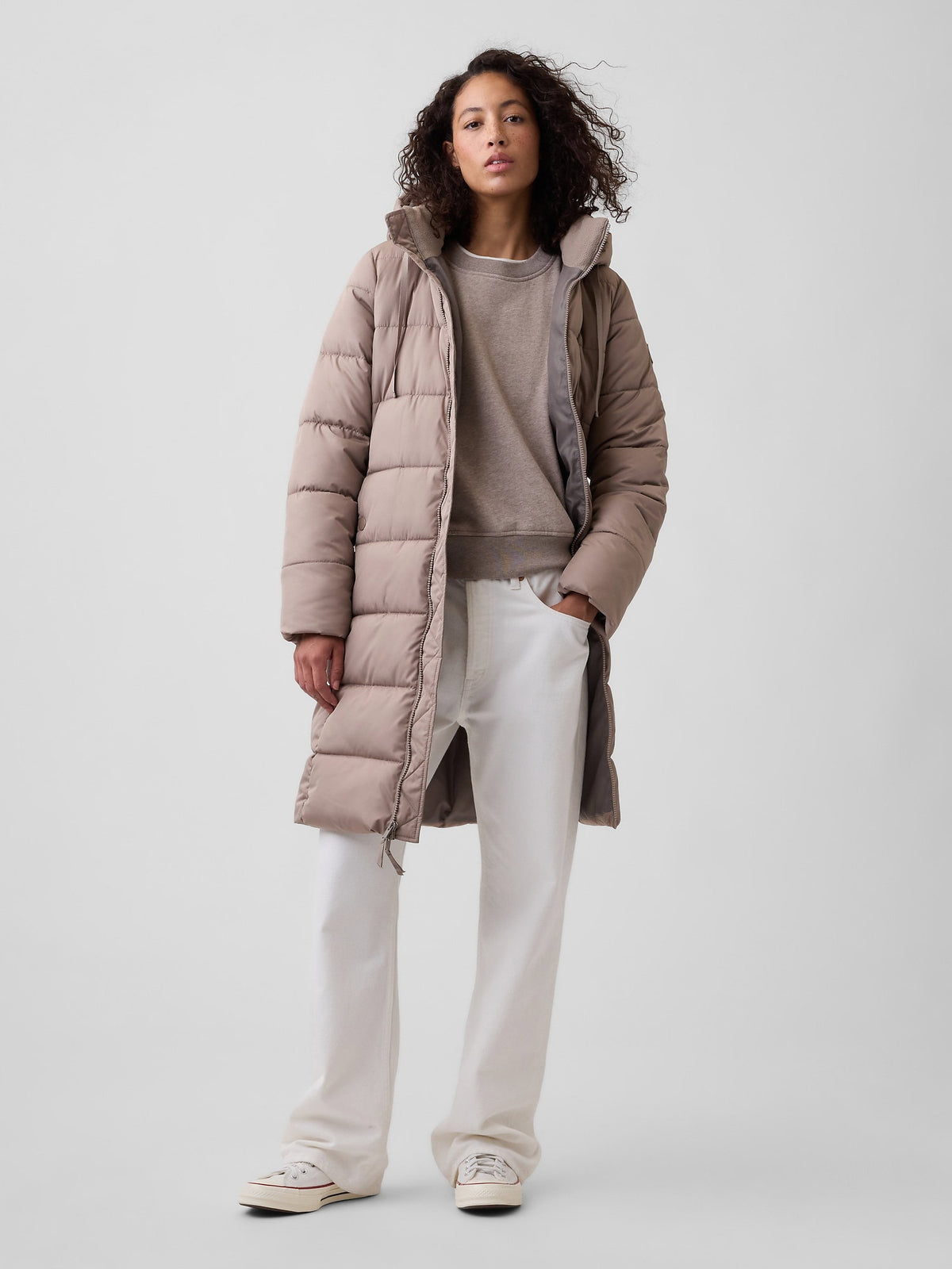 Bej Relaxed Midi Puffer Şişme Mont