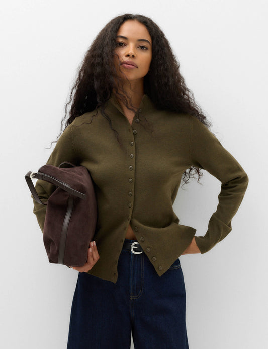 Yün Karışımlı Slim Fit Dik Yaka Kadın Hırka