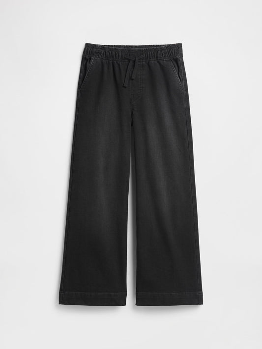 Siyah Pull-on Wide-leg Jean Pantolon
