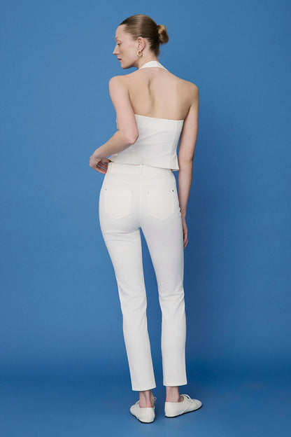 Dar Paça Denim Dokulu Ekru Pantolon