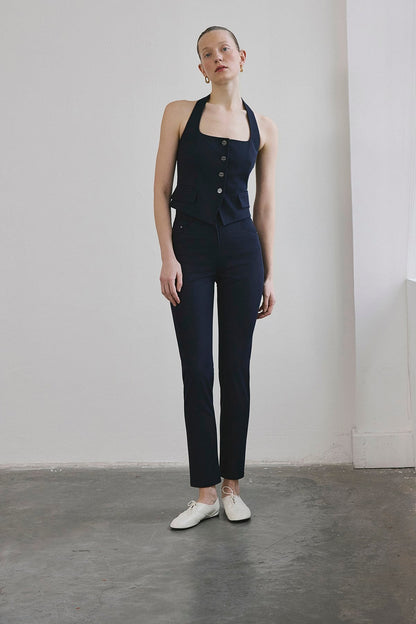 Dar Paça Denim Dokulu Lacivert Pantolon