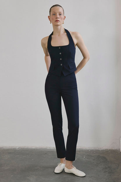 Dar Paça Denim Dokulu Lacivert Pantolon