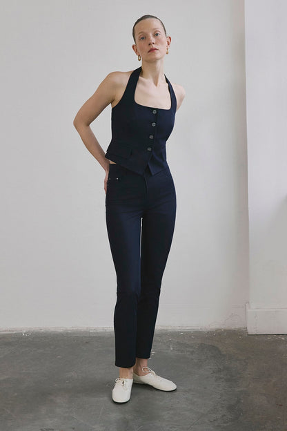 Dar Paça Denim Dokulu Lacivert Pantolon